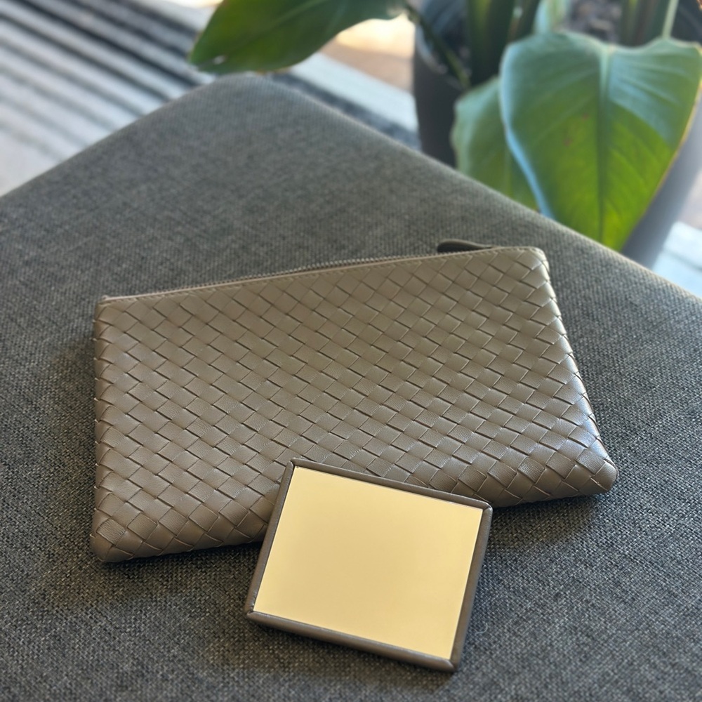 Bottega Veneta Grey Intrecciato Leather Clutch with Mirror